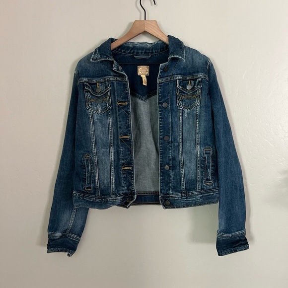 Abercrombie And Fitch Jean Jacket Womens Large Blue Denim Distressed Y2K Vintage - Picture 1 of 8